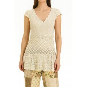 Vintage Y2K Lace Embroidered Tunic Empire Babydoll Top Boho Cottage Festival S